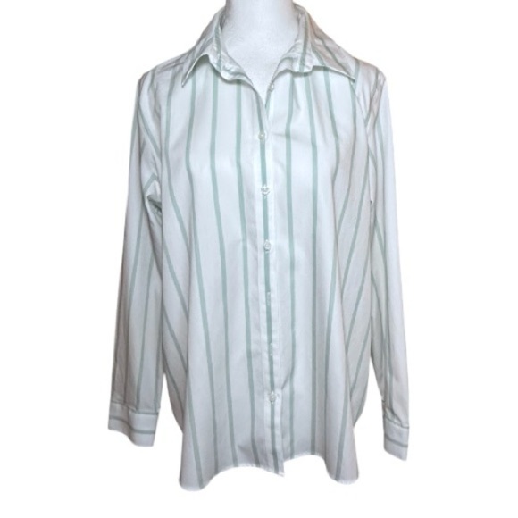 Lands' End Women's No Iron Cotton Long Sleeve White and Green Striped Shirt 14 P - Picture 7 of 9